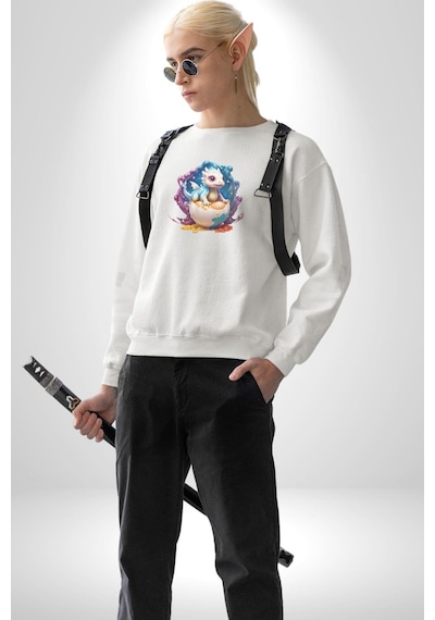 Sevimli Bebek Ejderha Elmas Yumurta Unisex Beyaz Baskılı Sweatshirt Beyaz