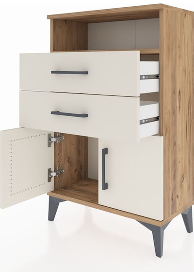 Arges Komodin Tek Raflı 2 Çekmeceli 2 Kapaklı 60x30x96 Çam-ay... Çam