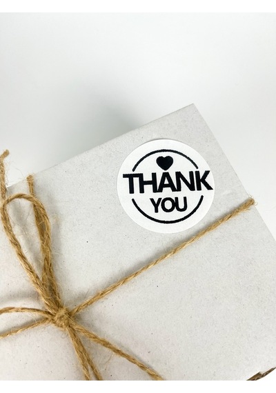 Thank You Siyah Yazı Kalpli Çerçeveli Yuvarlak 5 Cm Yapışkanlı Etiket 100 Adet