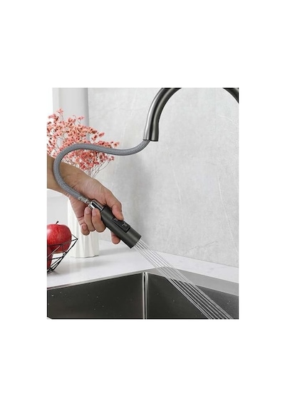 Inox Spiralli Mutfak Bataryası - 44 Cm Yüksek Tasarım, 2 Fonksiyonlu Çek-bırak Başlık 60cm Uzayan Hortum , Fırçalı Çelik Görünümü Modern Eviye Musluğu Antrasit Gri Çok Renkli