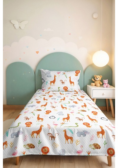 Evimde Bambaşka Safari Turuncu Çocuk Odası Tek Kişilik Pike Takımı-sevimli Hayvanlı 160x220  CM Kapitone Yatak Örtüsü