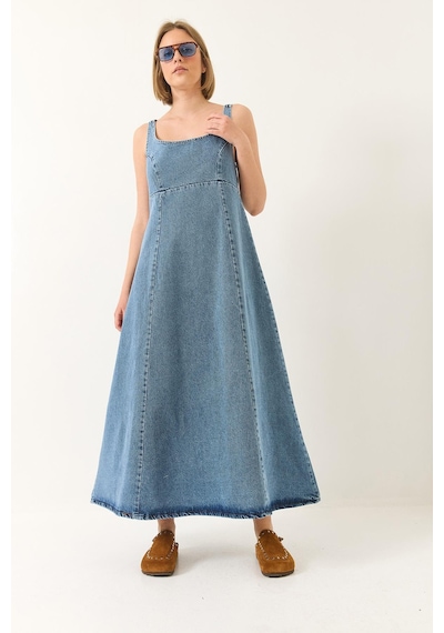 Kadın Geniş Yaka Askılı Kloş Denim Elbise 6069 60281038 - Buz Mavisi