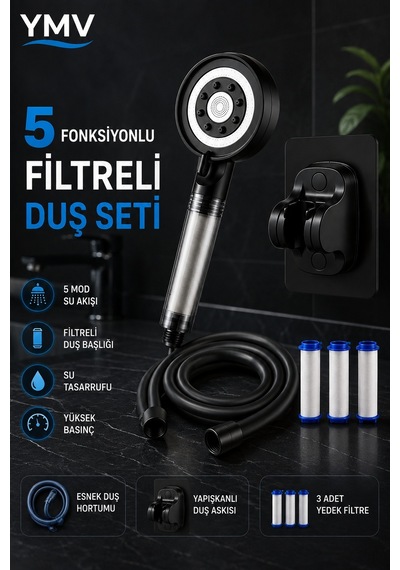 Ymv Filtreli Duş Başlığı Seti 150 Cm Pvc Hortum Ayarlanabilir Duş Askısı 3 Lü Banyo Seti Siyah