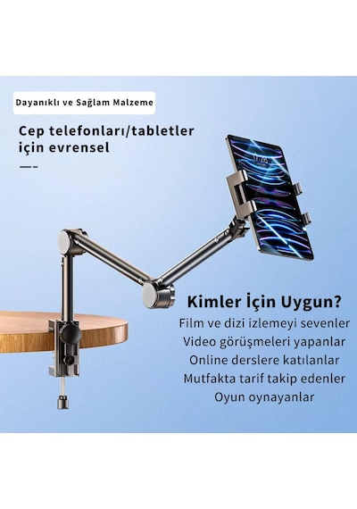 Coofbe Teleskopic Ayarlanabilir Klipsli Yatak Masa Kenarı İçin Tablet Standı Tablet Tutucu 360 Döner Başlık Siyah