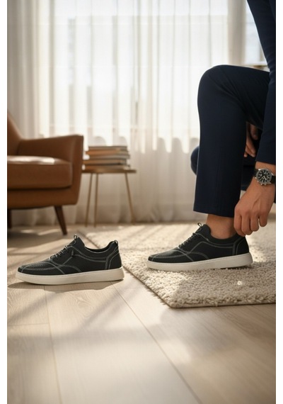 Enoch Hakiki Deri Lazer Kesim Dikişli Erkek Sneaker Ortopedik Taban Siyah