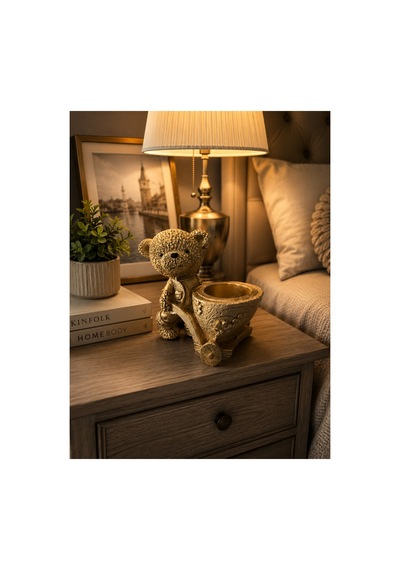 Dekor Sepetli Ayıcık Biblo Saksılık Gold Polyester Dekoratif Obje 18 Cm Altın