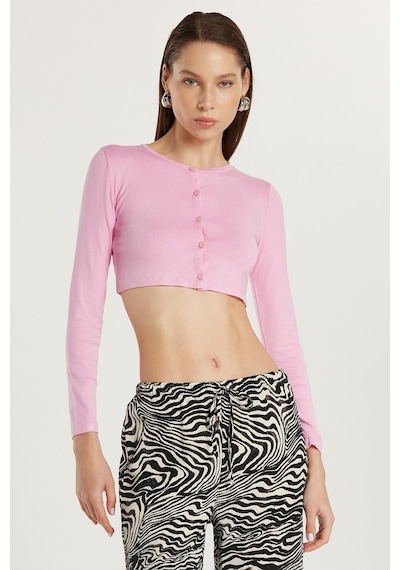 Tudors Kadın Slim Fit Dar Kesim Uzun Kollu Bisiklet Yaka Pembe Hırka-33818 Pembe