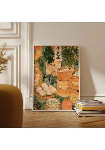Asya Sokak Yemekleri Baskısı Dim Sum Duvar Sanatı Çin Pazarı Posteri
