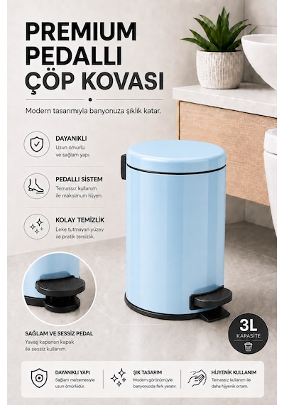 Sas Haus Pedallı Çöp Kovası 3 Litre İç Kovalı Kapaklı Banyo Çöp Kutusu Bebek Mavisi - Elit 7003 Mavi