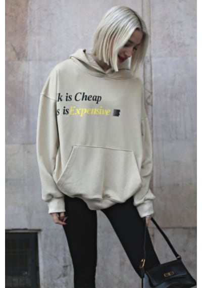 Madmext Bej Baskılı Oversize Kapüşonlu Sweatshirt Mg1573