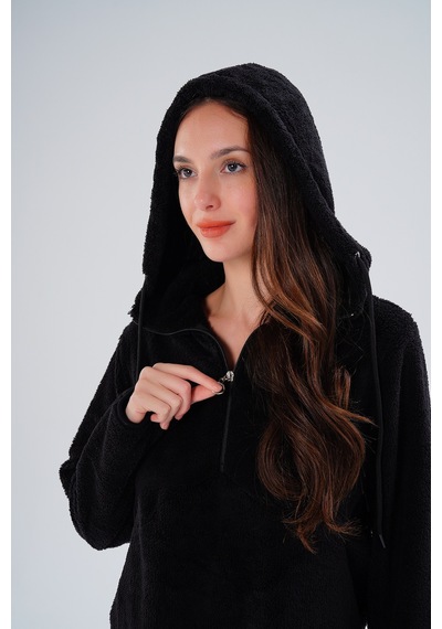 Gülmina Moda Kadın Çift Taraflı Wellsoft Yarım Fermuarlı Kapişonlu Sweat - Siyah
