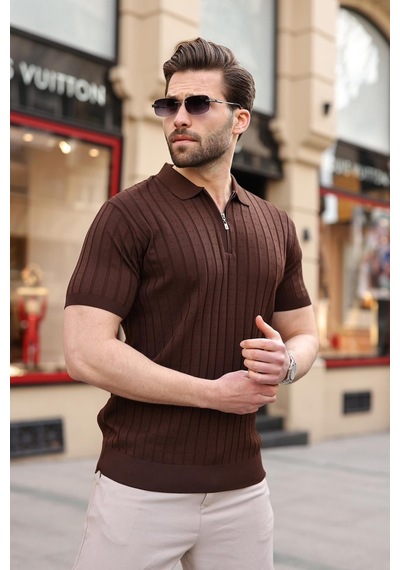 Kahverengi Polo Yaka Slim Fit Triko Erkek Tişört E7465 Kahverengi