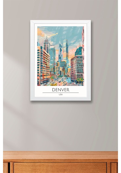 Abd Denver Temalı Çerçeveli Tablo Travel Serisi Modern İllüstrasyon Şehir Duvar Dekoru Beyaz