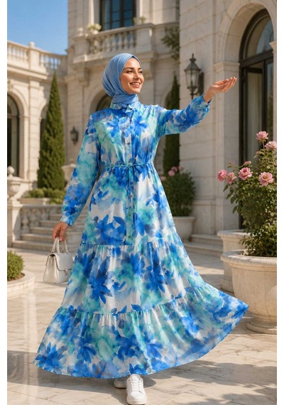 Hb Harma Time Butik Kadın Düğmeli Desenli Modal Kumaş Mavi Elbise Mavi Mavi