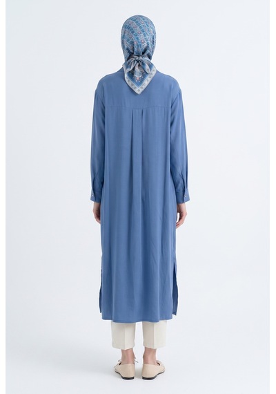 Armine Trend Gizli Patlı Tam Boy Düğmeli Gömlek Yaka 120 Cm Boy Tunik İndigo 26yt417