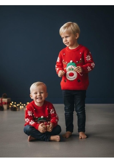 Zekids Çocuk Yılbaşı Temalı Geyikli Kırmızı Kazak-16583 Kırmızı Yeşil
