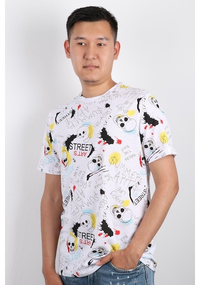 Rich Erkek Bisiklet Yaka Baskılı T-shirt %100 Pamuk Tişört Beyaz