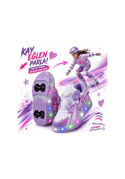 Patenli Işıklı Akıllı Bağcıklı Çocuk Sneaker Ayakkabı Lila 29-36