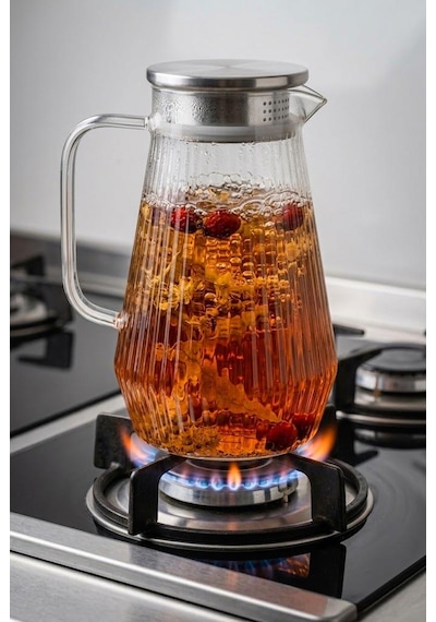 Ateşe Dayanıklı Borosilikat Çizgili Cam Sürahi 1800 Ml - Paslanmaz Çelik Süzgeç Kapaklı Bitki Çayı Ve Su Sürahisi