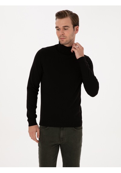 Cacharel Siyah Slim Fit Balıkçı Yaka Pamuk Karışımlı Basic Triko Kazak