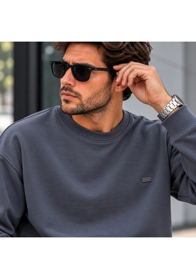 Erkek Modal Kumaş Bisiklet Yaka Sweatshirt Şık Tasarım, Tam Kalıp Antrasit