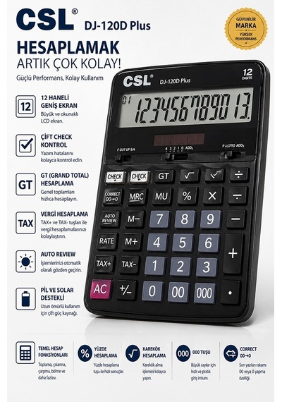 Hesap Makinesi Siyah 14x19 Cm 1 Adet Csl Dj-120d Plus 12 Haneli Orta Boy Hafızalı Büro Masaüstü Hesap Makinası