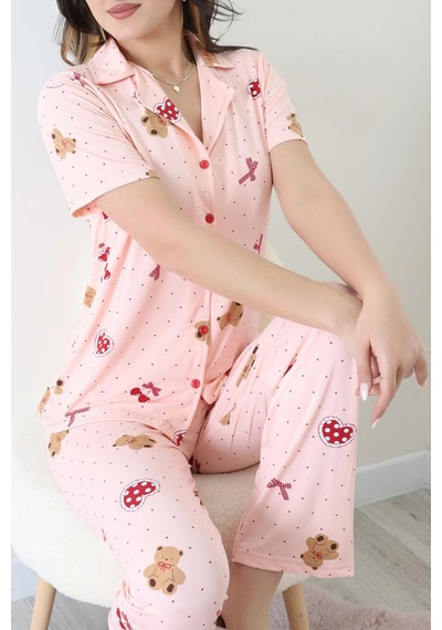 Modi Milan Kumaş Düğmeli Pijama Takımı Pudra - 750.1287. Açık Bej - Siyah