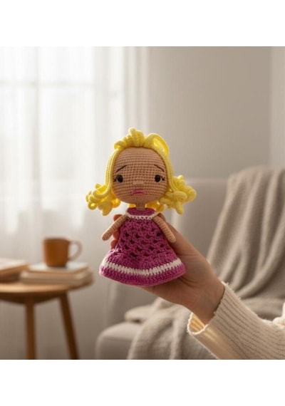 El Yapımı Mini Amigurumi Bebek %100 Pamuk Çocuklar İçin Şirin Oyuncak Sarı - Pembe