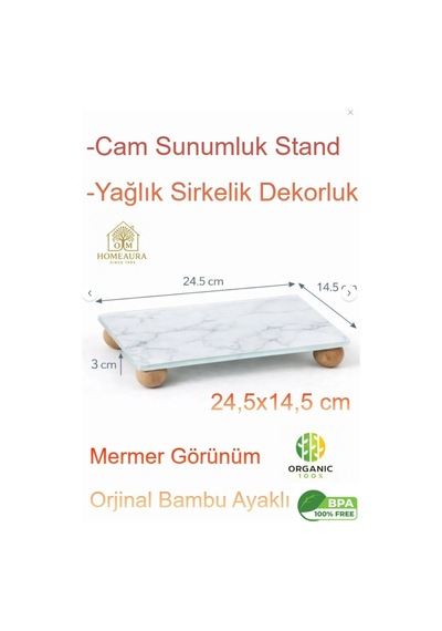 Mermer Desenli Cam Yağlık Sirkelik Bambu Ayaklı Sunumluk, Sabunluk,dekorluk Organizer Stand 24x14 Cm