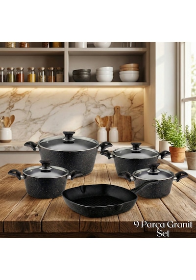 9 Parça Granit Set Cam Kapak - Siyah Siyah