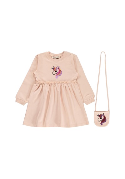 Silversun Kids Silversun Unicorn Baskılı Çantalı 2-7 Yaş Elbise - Pudra