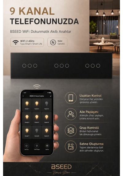 Bseed Siyah 9 Tuş Wifi Akıllı Dokunmatik Anahtar Tuya Smart Life, Nötr Hatlı