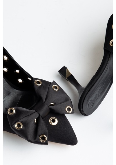 Kadın İnce Topuklu Stiletto Siyah Saten Fiyonklu-4689 Siyah
