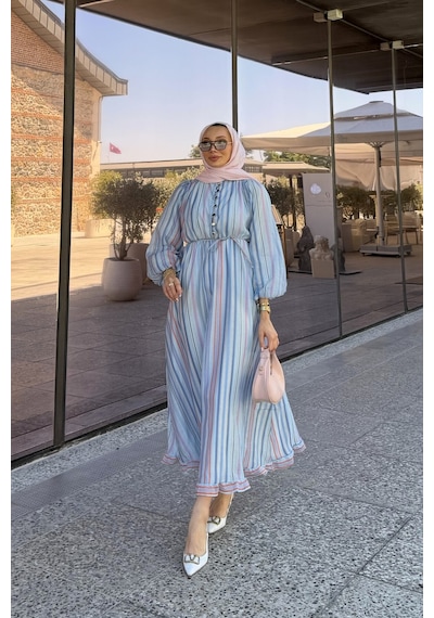Riella Butik Nelia Düğme Detaylı Balon Kol Tesettür Elbise Mavi