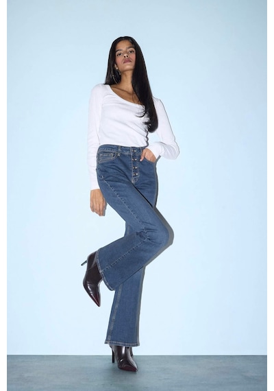 Defacto Mia Flare Fit Normal Bel Uzun Jean Yıkamalı Pantolon F5536ax26spnm34 Mavi-nm34
