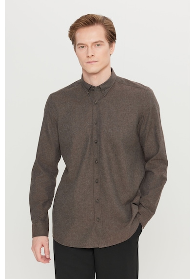 Altınyıldız Classıcs Erkek Kahverengı Pamuklu Slim Fit Dar Kesim Düğmeli Yaka Diagonal Desenli Flanel Gömlek Kahverengi