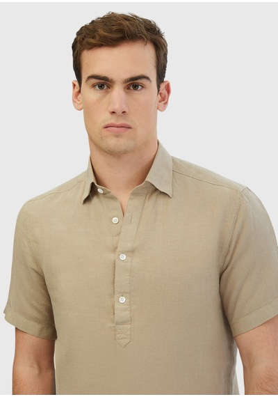 Ramsey Vizon Düz Casual Fit Kısa Dokuma Casual %100 Keten Gömlek vizon mink