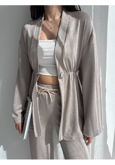 Kadın Simli Uzun Kol Modal Kumaş Kimono Pantolon İkili Takım Şık Ve Rahat Kadın Takım Bej