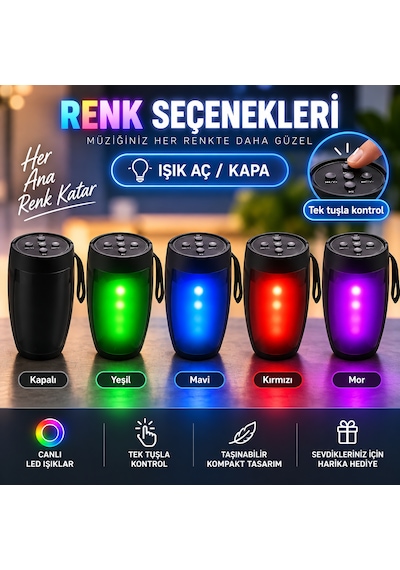 Bluetooth Hoparlör Rgb Led Işıklı Taşınabilir 5w Tws Usb Tf Kart Destekli