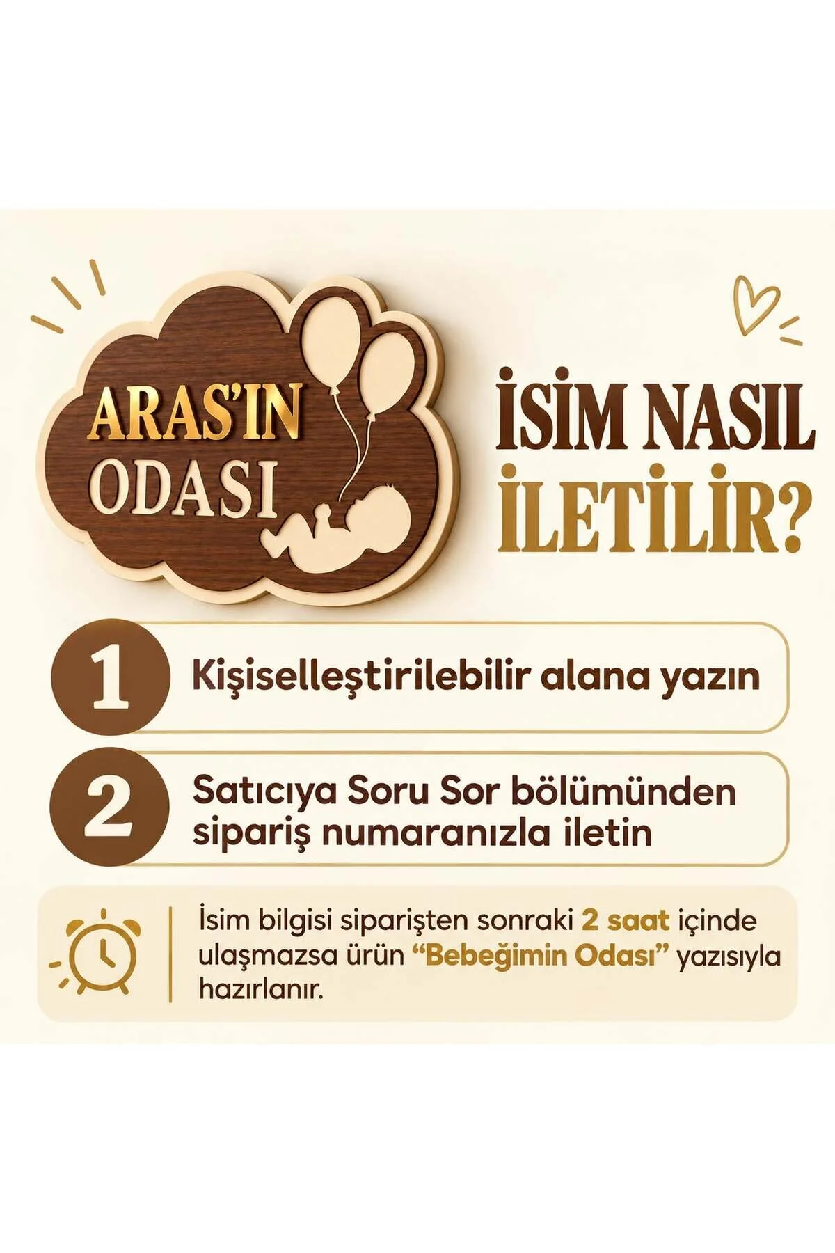 Kişiye Özel Bebek Odası Duvar Süsü, Gold Pleksi İsimli Mdf Kapı Dekoru Krem - Kahverengi