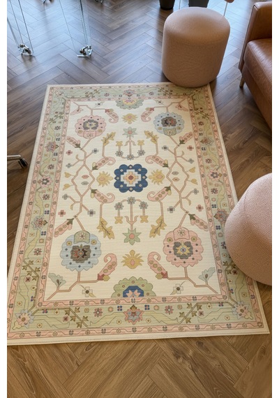 Âfitap 701 Pembe Krem Vintage Etnik Yıkanabilir İnce Halı Mutfak Ev Oda Salon Oturma Odası Halısı Krem Pembe