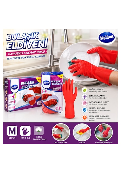 2 Çift 4 Adet Temizlik Ve Bulaşık Eldiveni Medium No:8-8.5 Pamuk Astarlı Kaymaz Dayanıklı Ev Temizlik Eldiveni