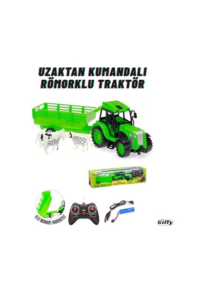 Giffy/uzaktan Kumandalı Römorklu Traktör Şarjlı Full Fonksiyon Çiftlik Hayvanı Odun li 3 Renkli Yeşil