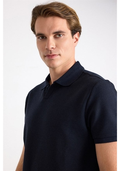 Süvari Lacivert Regular Düz Baskısız Waffle V Pat Polo Yaka Tişört Sts1014000005-m09