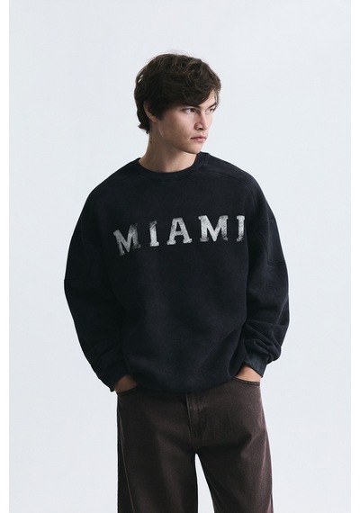 Vamos Miami Baskılı Bisiklet Yaka Sweatshirt Siyah