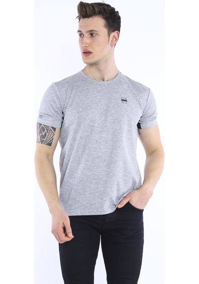 Escetic Erkek G2 Melanj Erkek Slim Fit Pamuklu Kısa Kollu Bisiklet Yaka T Açık Gri Melanj