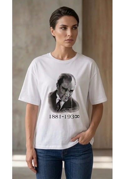Modi Atatürk Baskılı Tişört Kısa Kollu Bisiklet Yaka T-shirt - Beyaz Açık Bej - Beyaz