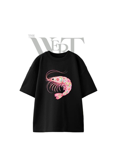 Thewert Shrimp Floral Tasarım Baskılı Ünisex Siyah Oversize T-shirt