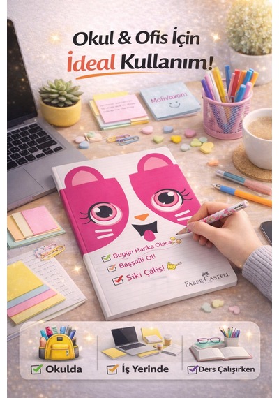Kedi Desenli A4 Çizgili Defter 80 Yaprak 1 Adet Pembe Kedi Tasarım