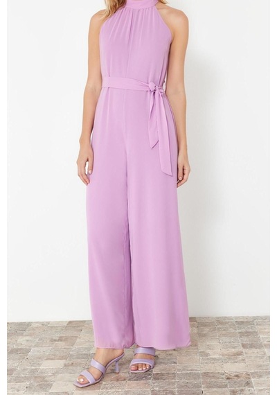 Ersefa Kadın Moda Standart Kol Geniş Paça Halter Yaka Uzun Kuşaklı Maxi Lila
